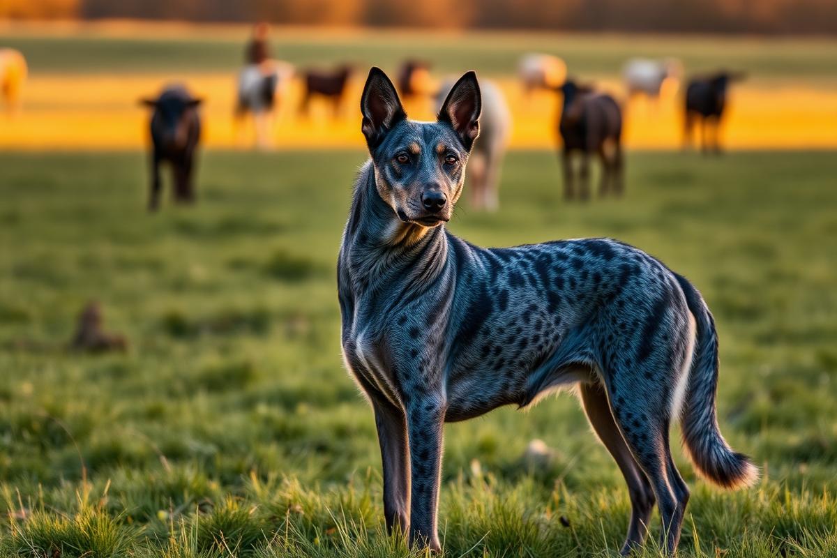 Pastor Ganadero Australiano Blue Heeler vigilando el ganado al amanecer