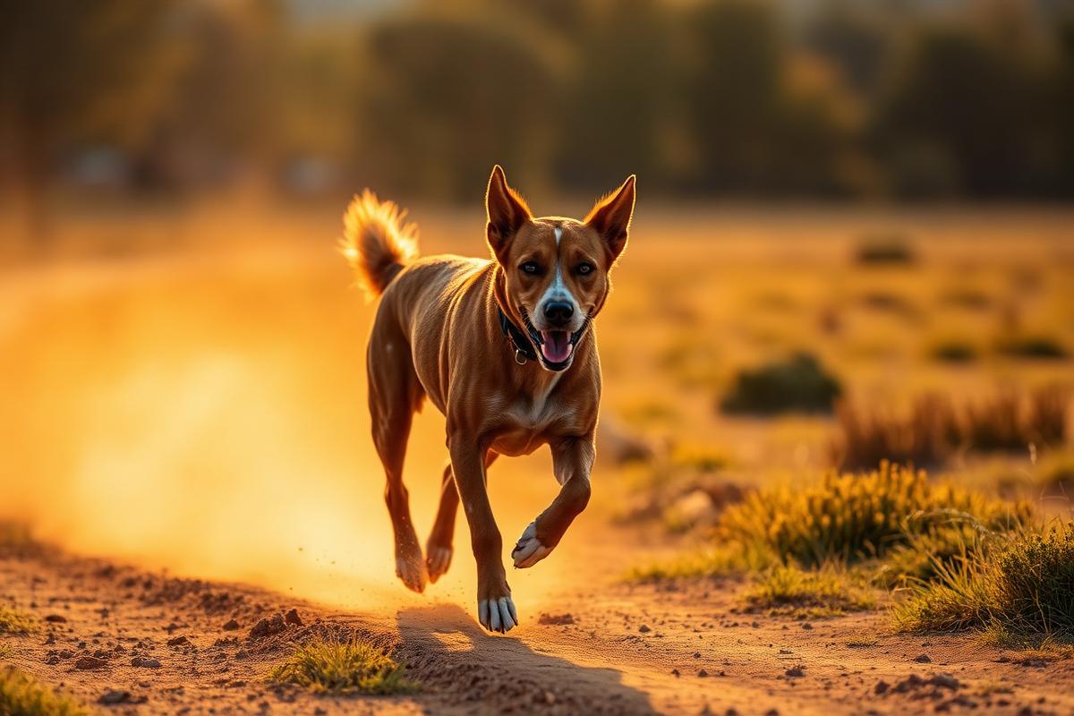 Pastor Ganadero Australiano Red Heeler corriendo en la finca